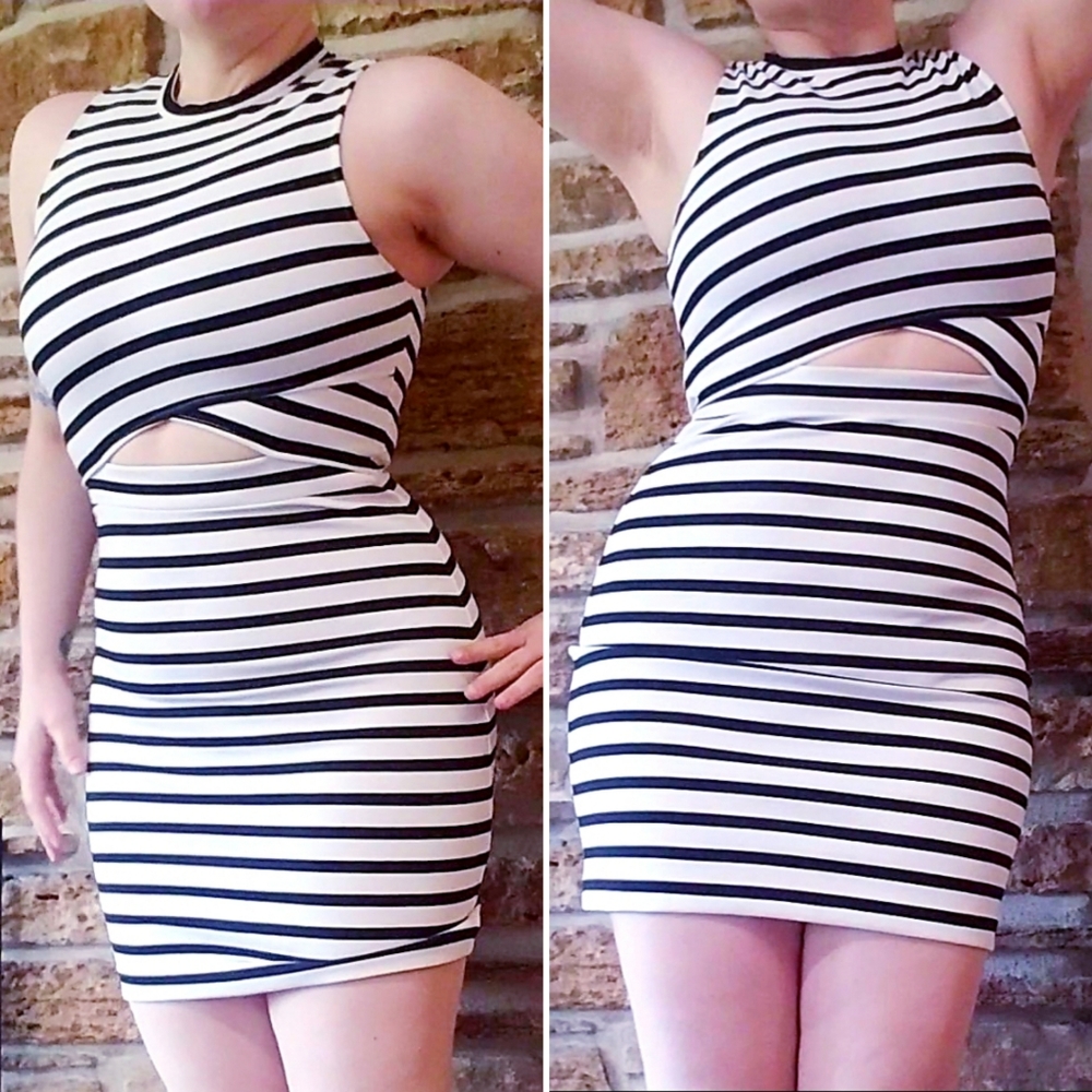 EXPRESS Black White Striped Pencil Dress